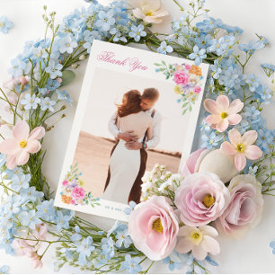 Hochzeit mit rosa und blauer Wasserfarben-Blumenro Dankeskarte