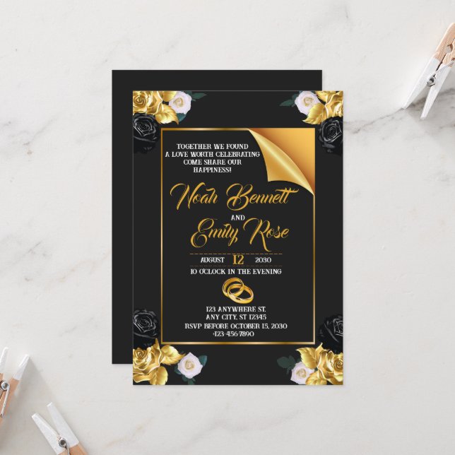 Hochzeit mit Rose und goldenen Ringen Einladung (Vorderseite/Rückseite Beispiel)