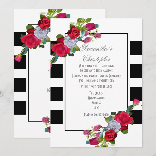 Hochzeit mit rote Rose und schwarzem Streifen Einladung (Vorne/Hinten)