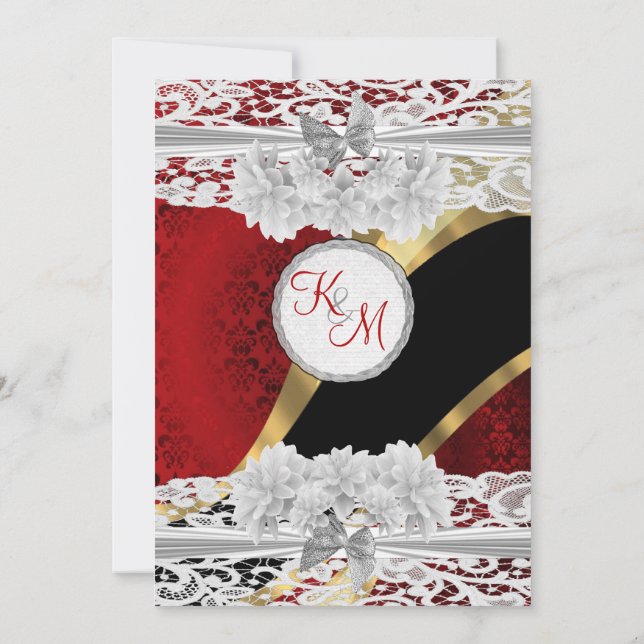 Hochzeit mit rotem Damast und weißer Spitze Einladung (Rückseite)