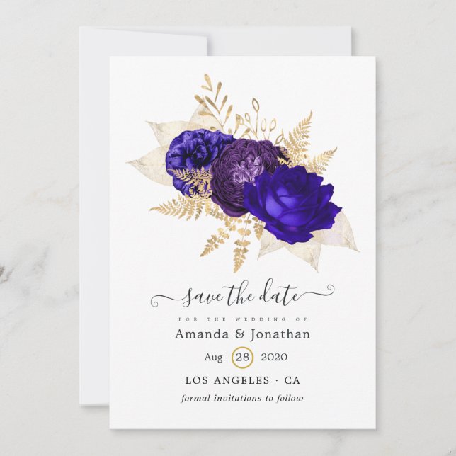 Hochzeit mit Royal Blue, Lila und Gold Floral Save The Date (Vorderseite)