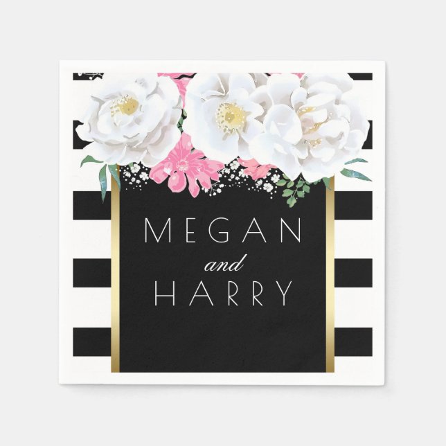 Hochzeit mit Schwarz-weißem Gold-Floral Serviette (Vorderseite)