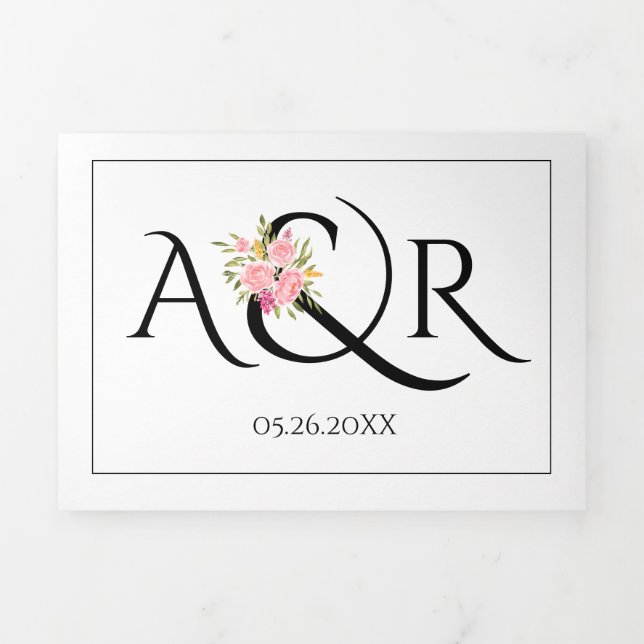 Hochzeit mit Schwarz-weißen Initialen, Ampere und  Dreifach Gefaltete Einladung (Cover)