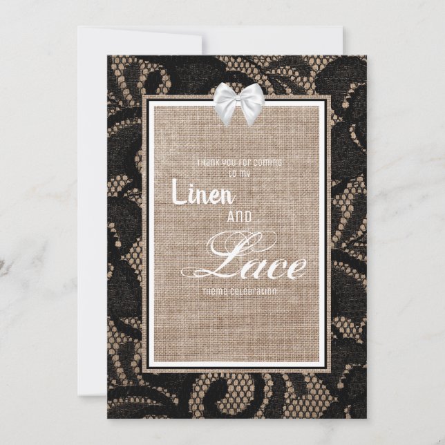 Hochzeit mit schwarzer Spitze, Burlap und Leinen Einladung (Vorderseite)