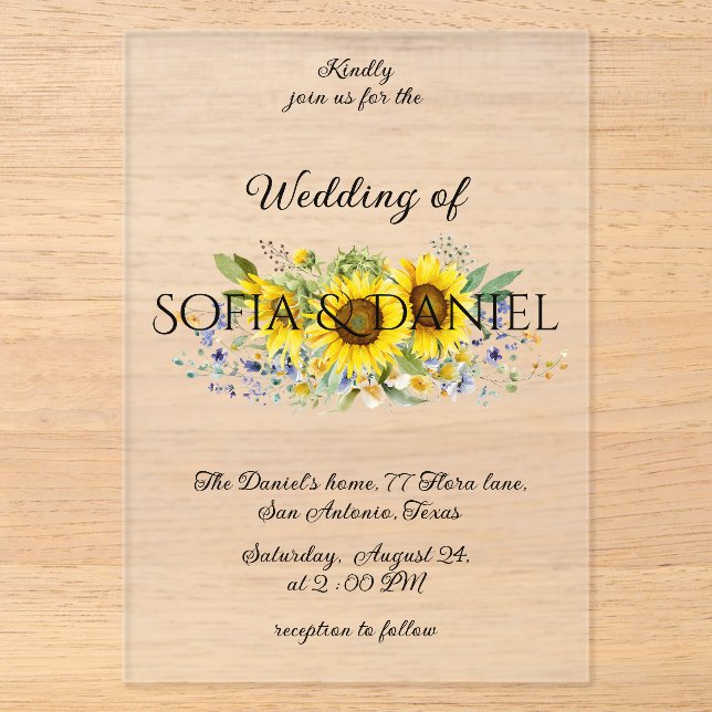 Hochzeit mit Sonnenblumen Aquarell Akryllische Ein Acryleinladungen (Vorderseite)