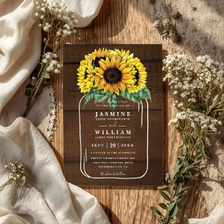 Hochzeit mit Sonnenblumen gefülltem Glas rustikale Einladung
