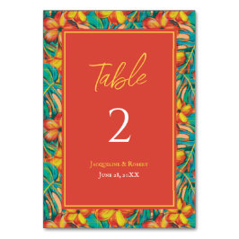 Hochzeit mit tropischem Orange und Gelb Tischnummer