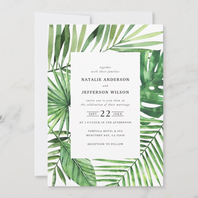 Hochzeit mit tropischen Blättern und Skripten Save The Date (Vorderseite)