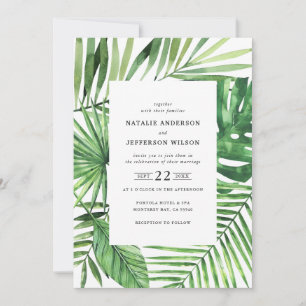 Hochzeit mit tropischen Blättern und Skripten Save The Date