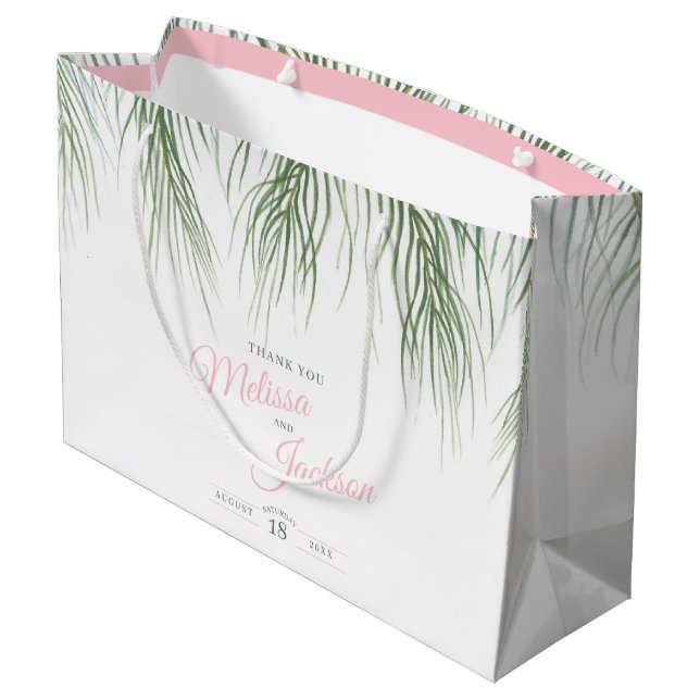 Hochzeit mit tropischen Palmen dank rosa grün und  Große Geschenktüte (Rückseite Schrägansicht)
