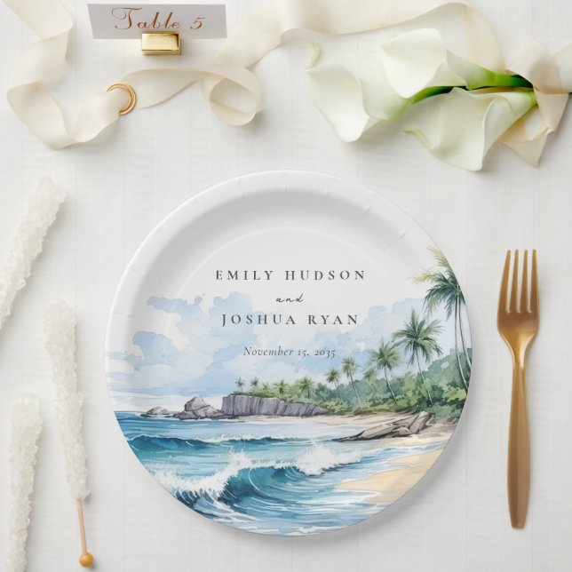 Hochzeit mit tropischen Wasserfarben Pappteller (Hochzeit)