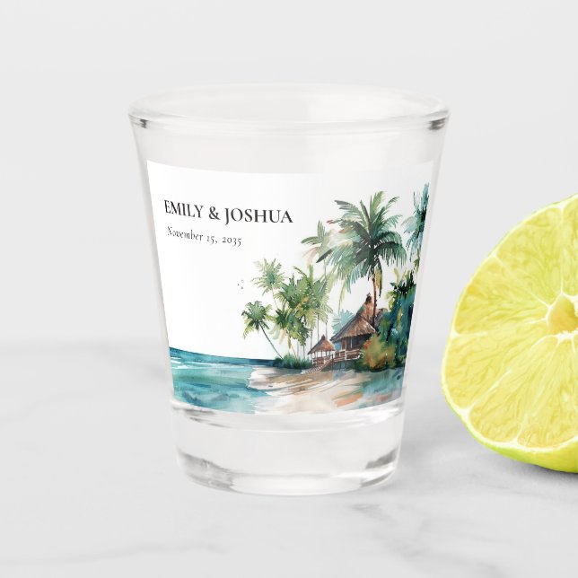 Hochzeit mit tropischen Wasserfarben Schnapsglas (Vorderseite)