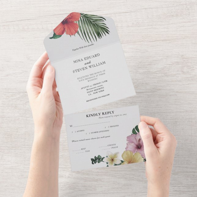 Hochzeit mit tropischer Blume All In One Einladung (Abreißen)