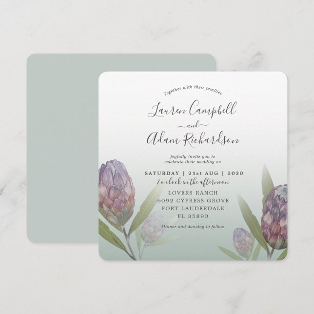 Hochzeit mit tropischer Schönheit und Lila Blüte Einladung (Vorne/Hinten)