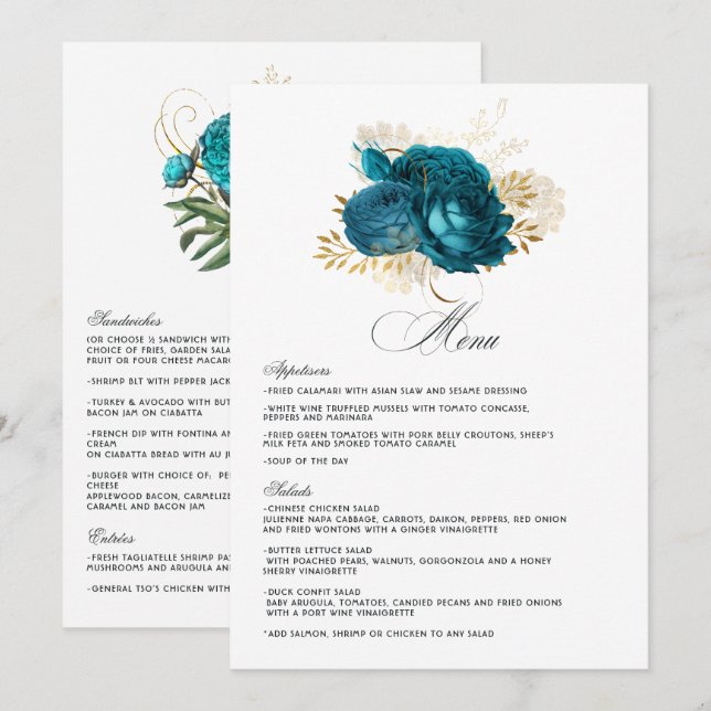 Hochzeit mit Türkis und Gold Menükarte (Vorne/Hinten)