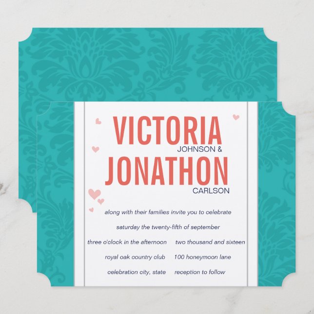 Hochzeit mit Türkis und KorallenDamast Einladung (Vorne/Hinten)