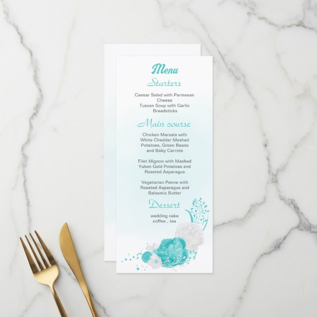 Hochzeit mit türkisfarbenem Blumen Menükarte (Vorderseite/Rückseite Beispiel)