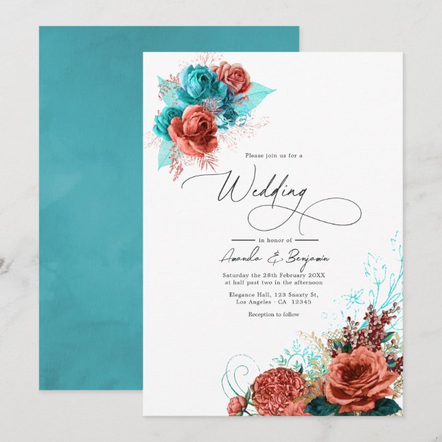Hochzeit mit türkisfarbenem Korallenwasser Einladung (Vorne/Hinten)