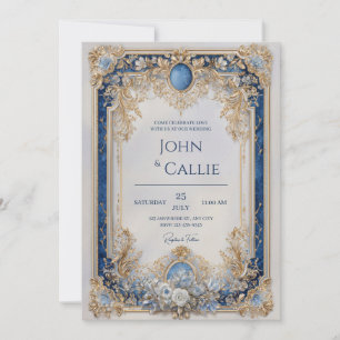 Hochzeit mit viktorianischem Blau und Gold Einladung