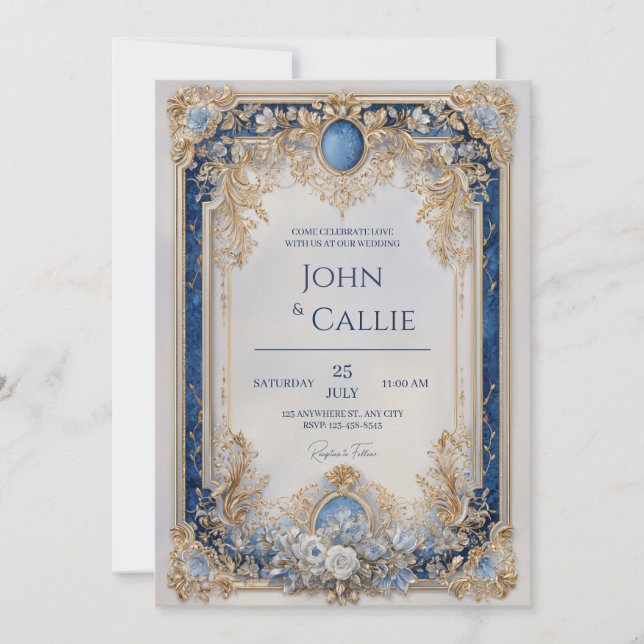 Hochzeit mit viktorianischem Blau und Gold Einladung (Vorderseite)