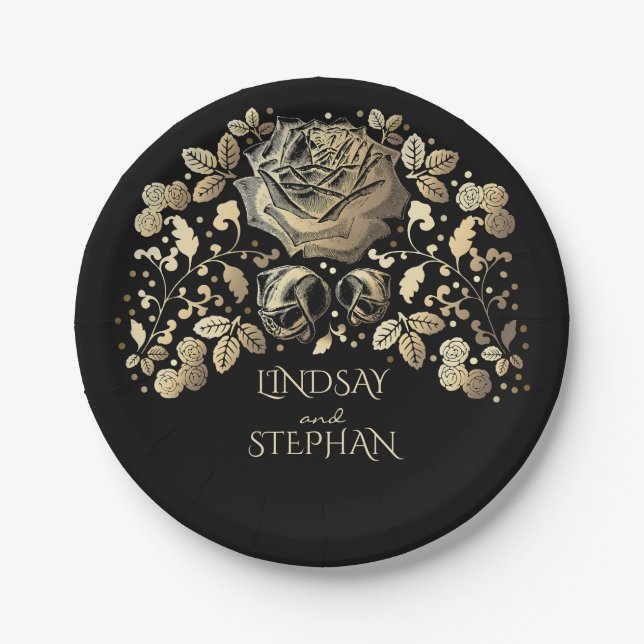 Hochzeit mit Vintagem Schwarz und Gold Pappteller (Vorderseite)