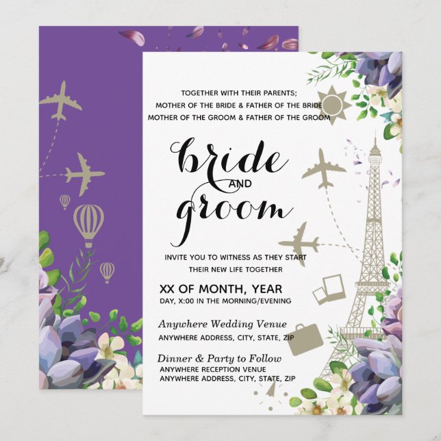 Hochzeit mit Violett-Flora und -reisen Einladung (Vorne/Hinten)