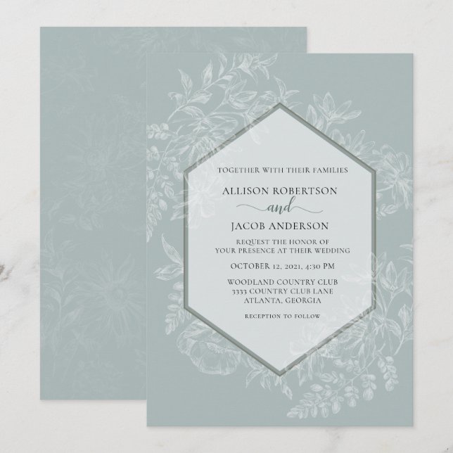 Hochzeit mit weichem grünen geometrischen Blumenmu Einladung (Vorne/Hinten)