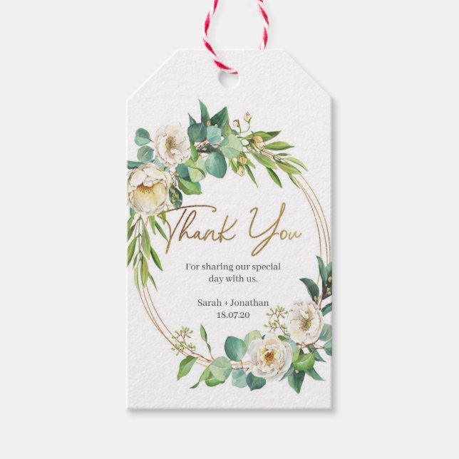 Hochzeit mit weißer Blüte und Gold Danke, dass Sie Geschenkanhänger (Vorderseite)
