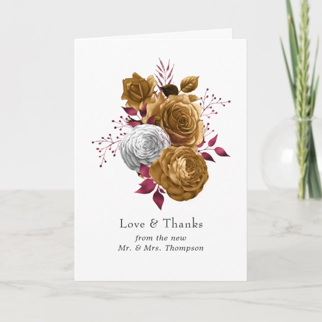 Hochzeit mit weißer, burgunischer und goldener Flo Dankeskarte (Vorderseite)