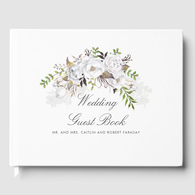Hochzeit mit weißer und goldener Flora Gästebuch (Vorderseite)