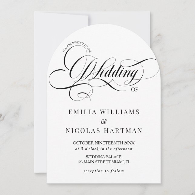 Hochzeit mit weißer und schwarzer Kalligrafie Einladung (Vorderseite)