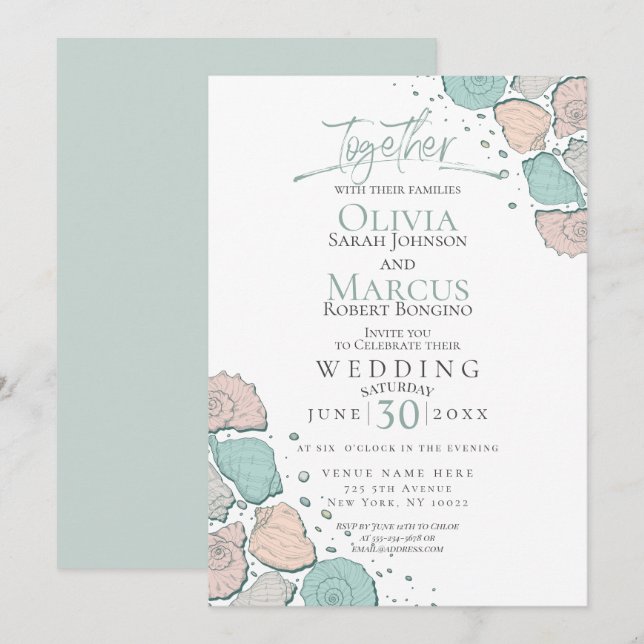 Hochzeit | Modern Seashells Coral Aquamarin Green Einladung (Vorne/Hinten)