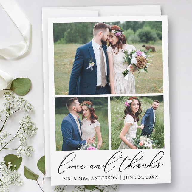 Hochzeit Moderne Minimalistische Kalligraphie 3 Fo Dankeskarte (Customize to add text or more photos to back of card.)