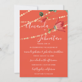 Hochzeit Moderne Monogram Vivid Coral Lights Gold Einladung
