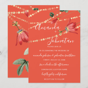 Hochzeit Moderne Monogram Vivid Coral Lights Gold Einladung