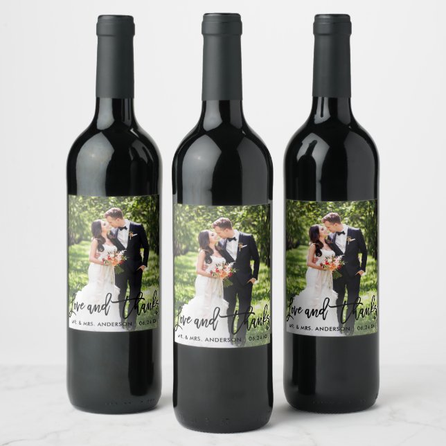 Hochzeit Moderne Pinselschrift Liebe und Dank Foto Weinetikett (Flaschen)