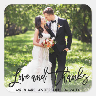 Hochzeit Moderne Pinselschrift Liebe und Dank Quadratischer Aufkleber