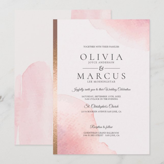 Hochzeit Moderne Rose Rosa Wasserfarbenpflücke Einladung (Vorne/Hinten)