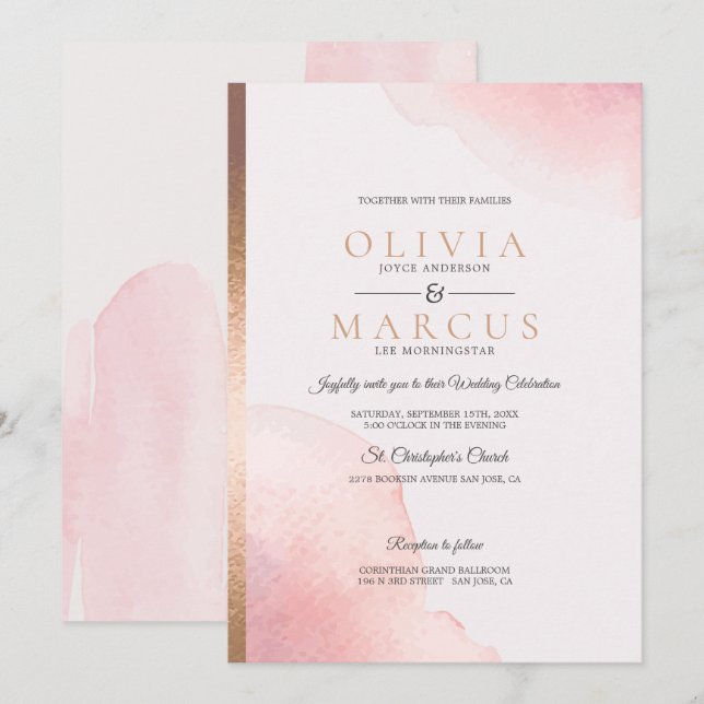 Hochzeit Moderne Rose Rosa Wasserfarbenpflücke Einladung (Vorne/Hinten)