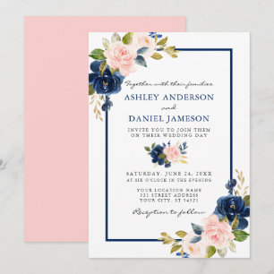 Hochzeit Moderne Wasserfarbe Klassisch Blau Rosa B Einladung