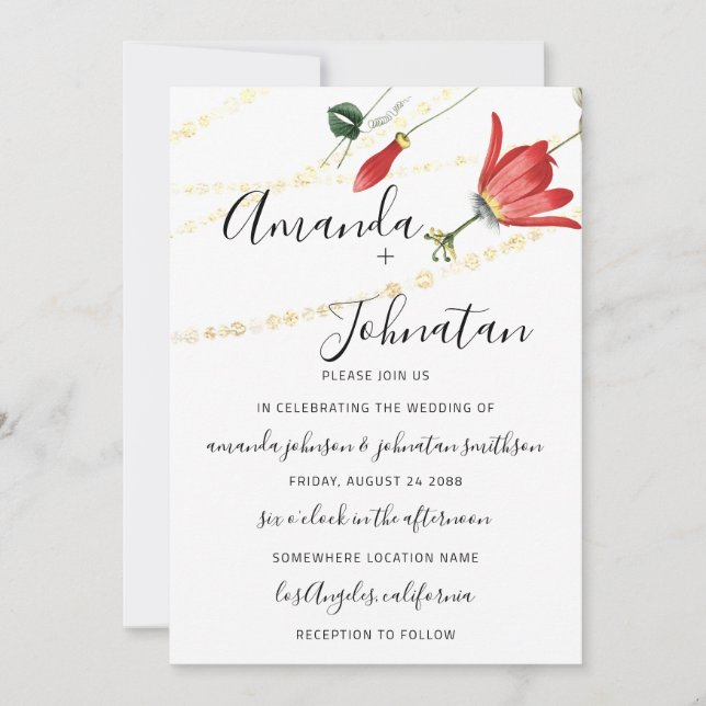 Hochzeit Moderne weiße Flora Ivy Gold Einladung (Vorderseite)