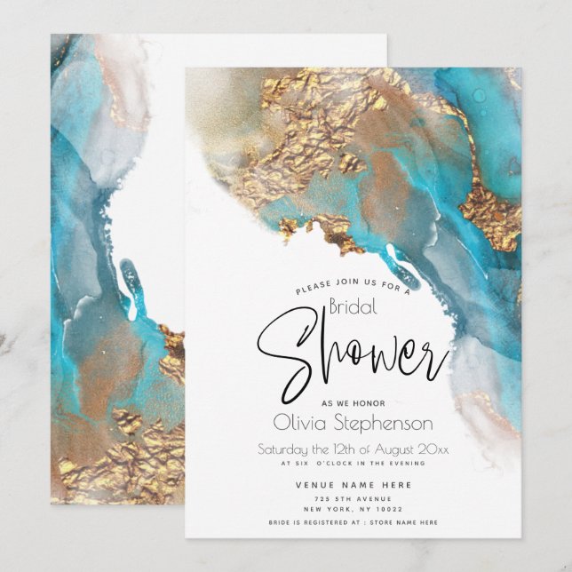 Hochzeit | Moderner Abstrakter Aquamariner Marmora Einladung (Vorne/Hinten)