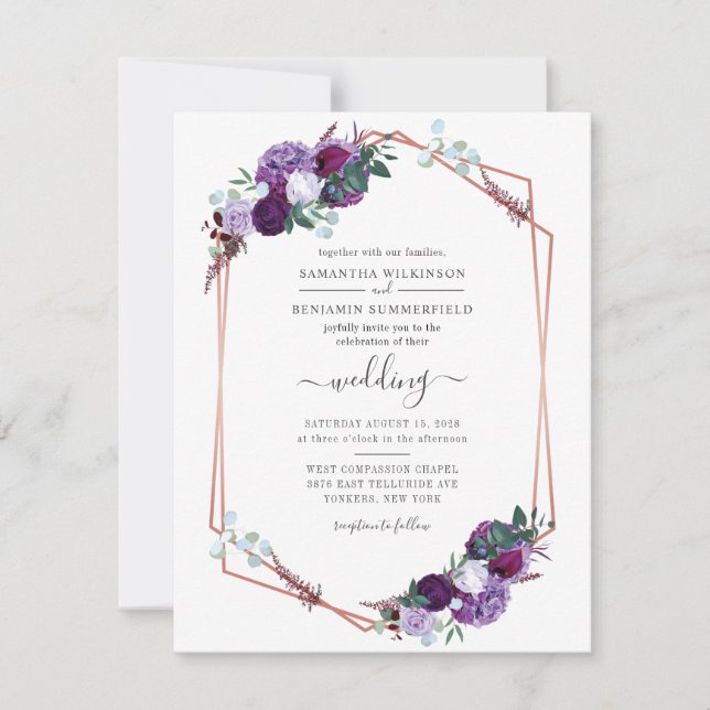 Hochzeit moderner geometrischer Lila Blumengärten Einladung (Vorderseite)