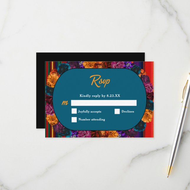 Hochzeit moderner mexikanischer Blume RSVP Karte (Vorderseite/Rückseite Beispiel)