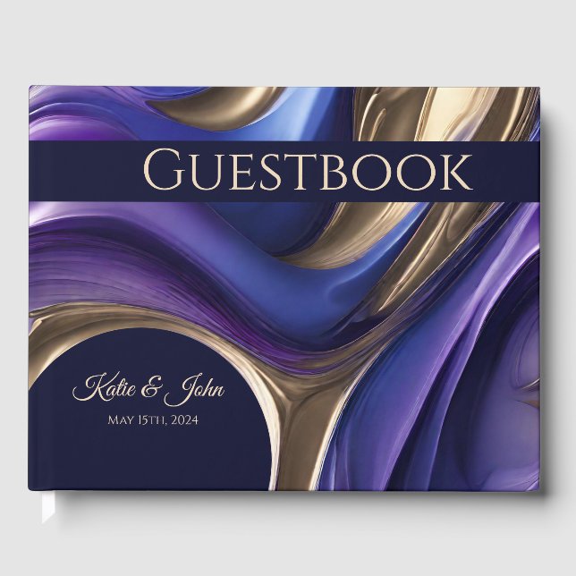 Hochzeit Modernes Abstrakt-blaues Lila Gold- Gästebuch (Vorderseite)