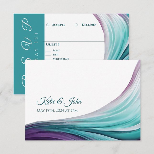 Hochzeit Modernes, Abstrakt-Lila und Aquamarin- RSVP Karte (Vorne/Hinten)