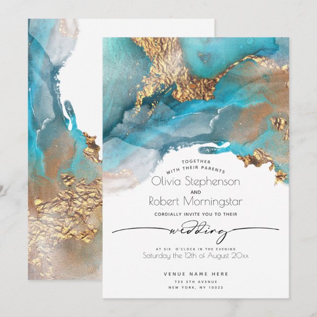 HOCHZEIT | Modernes Aqua und Goldmarmorfarben Eins Einladung (Vorne/Hinten)
