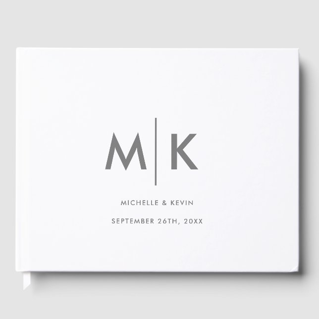 Hochzeit Modernes, luxuriöses Monogramm Grau Weiß Gästebuch (Vorderseite)