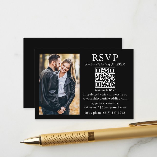 Hochzeit Modernes Minimalistisches Foto Black QR U Begleitkarte (Vorderseite/Rückseite Beispiel)