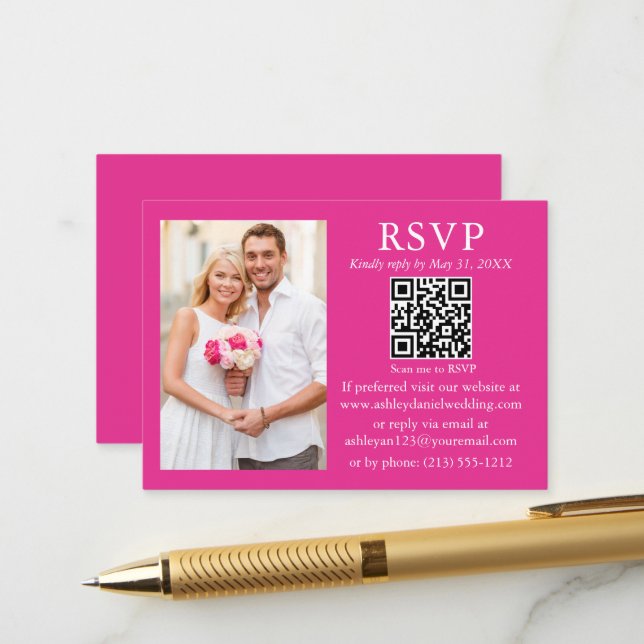 Hochzeit Modernes Minimalistisches Foto Hot Pink Q Begleitkarte (Vorderseite/Rückseite Beispiel)